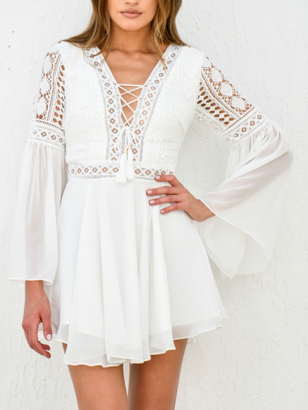 Boho White Lace-Up Mini Dress